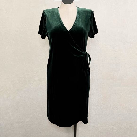 Madewell Velvet Side Tie Dress Green Mini Holiday Preppy Work Cocktail Size L - Picture 3 of 10